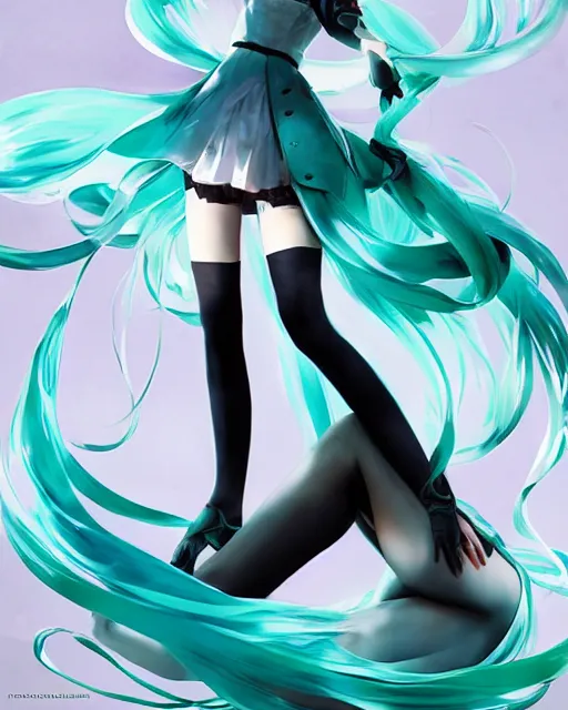 Prompt: beautiful Hatsune Miku by Ruan Jia and Gil Elvgren, fullbody