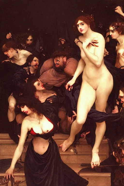 Image similar to a renaissance oil painting by alma tadema of demonic beautiful vampire woman mistress of death mourning widow running in fear from a group of muscular gigachad men, faint smile dark lipstick, dark lit candles, colourful pastel trending artstation, detailed portrait academic bouguereau caravaggio high shadow contrast medium shot