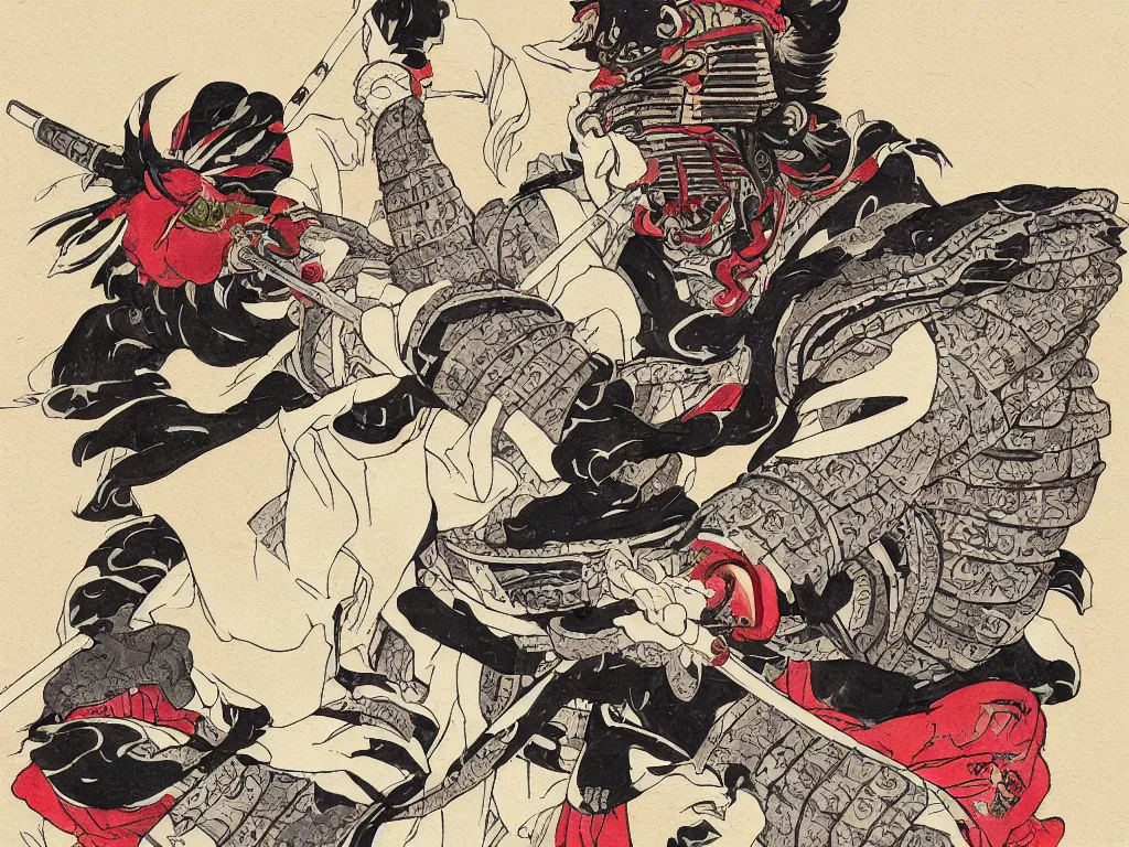 Prompt: edo samurai with full armor wearing hannya mask meditating, detailed illustration, realistic, animation still in the style of studio ghibli