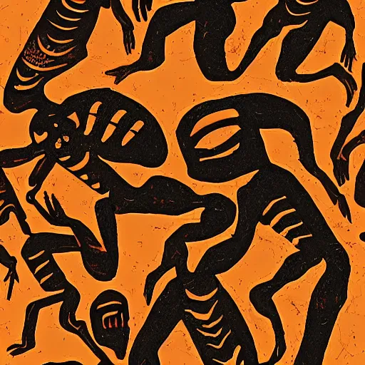 Prompt: Alien invasion in the style of a cave painting