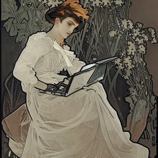 Image similar to a confused designer looking at their laptop by Alphonse Mucha