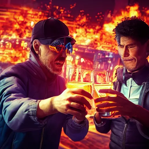 Prompt: two men toast while waiting for the end of the world in a burning cyberpunk city, realistic, high definition, 4K, shimmering color, symmetrical face, hyper detailed, art of unreal ingine 5