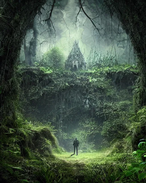 Image similar to a wise wizard walking towards an ominous ruin in a densely overgrown, eerie jungle, fantasy, stopped in time, dreamlike light incidence, ultra realistic