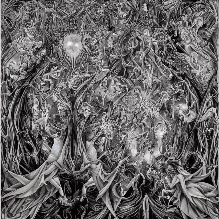 Prompt: transformation through death by Alex Grey and M. C. Escher collaboration