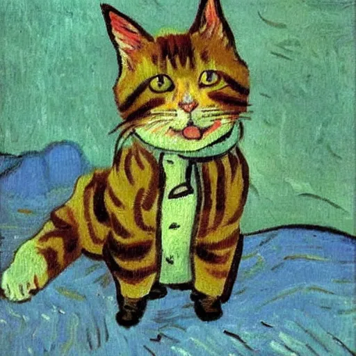 Prompt: a cute cat in a duffle coat, impressionist painting, painted by Van Gogh