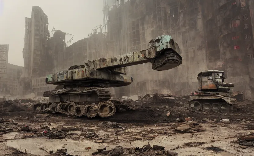 Image similar to an immense derelict earth mover with multiple cabs with tank turret and demolition ball in front of a demolished building, dystopian, imax, foggy and dusty cyberpunk aesthetic