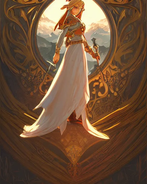 Image similar to legend of Zelda art nouveau, D&D, fantasy, intricate, elegant, highly detailed, digital painting, artstation, concept art, matte, sharp focus, illustration, hearthstone, art by Artgerm and Greg Rutkowski and Alphonse Mucha