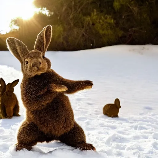 Prompt: Award Winning photo Bear plays with Rabbits in snow in the mexican desert