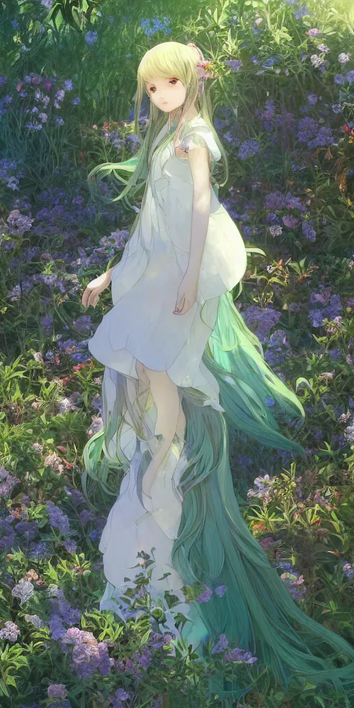 Image similar to a digital art of a loli with long hair in a dress in the privet garden at after noon, green and blue and warm theme, back lighting, by krenz cushart and mucha and akihito yoshida and greg rutkowski and makoto shinkai, highly detailed, 4 k resolution, trending on art station