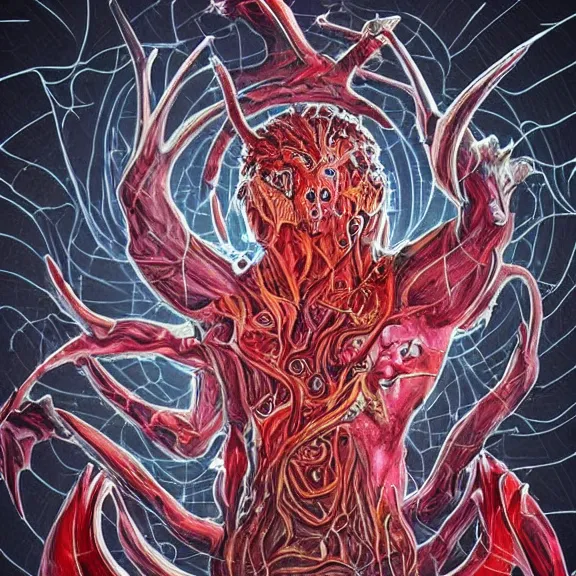 Prompt: a realistic photograph of a cosmic deity of chaotic blood wars embodied in the offspring of evil gods incarnate so they may feed on the broken souls of the empty shells of the created humans made for one thing but to be soulfood for the wicked damn