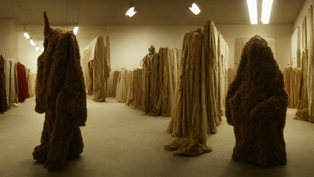 Prompt: a strange creature made of decadent cloths lurks inside a fabric store, film still from the movie directed by Denis Villeneuve with art direction by Zdzisław Beksiński, wide lens