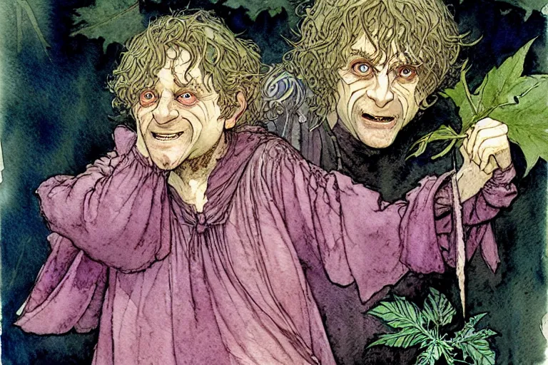 Image similar to a realistic and atmospheric watercolour fantasy character concept art portrait of bilbo baggins with pink eyes freaking out with a pot leaf nearby, by rebecca guay, michael kaluta, charles vess and jean moebius giraud