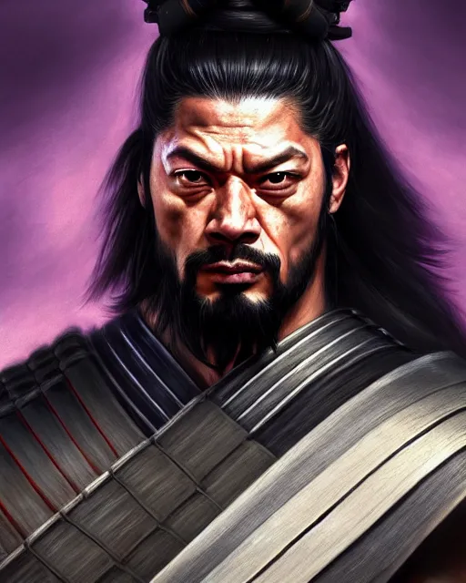 Prompt: face portrait of roman reigns as a muscular ronin samurai, wearing a haori, by wlop and peter mohrbacher, dramatic action pose, extremely detailed shading, concept art, digital painting, trending on artstation, unreal engine 5, octane render, atmosphere, glow, cinematic lighting, full of color