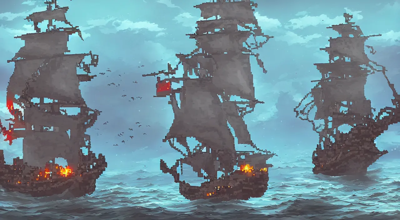 Image similar to Pixelart of a ghost pirate ship with a Jolly Roger flag, volumetric lighting, digital pixel art, pixiv, by Aenami