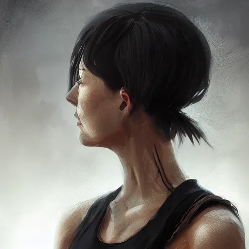 Image similar to portrait of a cyborg by greg rutkowski, she is about 3 0 years old, korean, pale, black bob hair, she is wearing a black tank top, highly detailed portrait, digital painting, artstation, concept art, smooth, sharp foccus ilustration, artstation hq