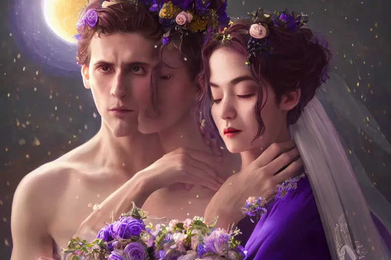 Image similar to a dreamlike cinematic portrait of wedding photograph close up moment of a divine a russia sun god and moon goddess lovers magician at a wedding banquet. portraiture. digital painting. artstation. concept art. fantasy wedding photo. digital painting, 8 k realistic, hyper detailed, violet evergarden art masterpiece by art by krenz cushart