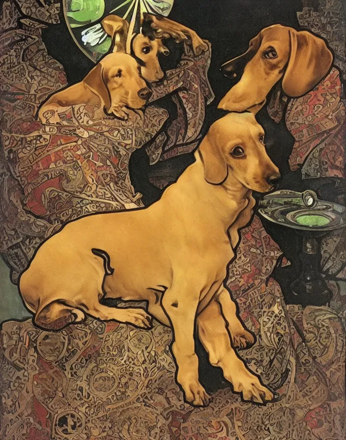 Image similar to Dachshund drinking absinthe by Alphonse Mucha