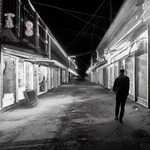 Image similar to thin clouds of colored smoke whip and swirl around a tall, thin man as he walks down the lonely street of abandoned neon - lit storefronts