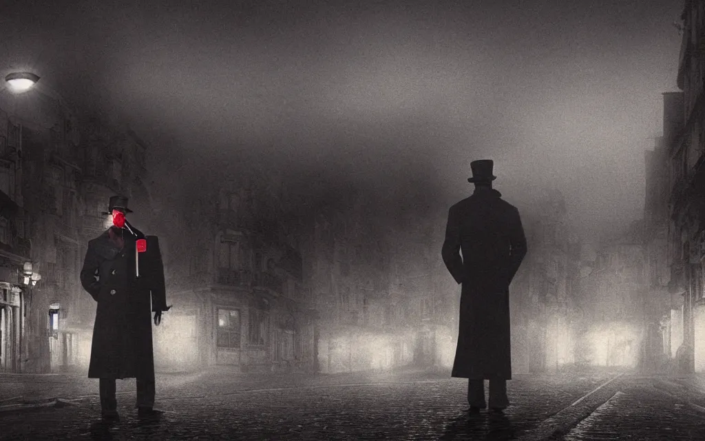 Prompt: A man in a trenchcoat holding a flashlight and armed with a ruby pistol in an early 20th century parisian street at night. Two cars are drifting around a shadow creature with their lights on. There is a thick fog covering the ground. A train station is visible in the background. 4k, digital art, dynamic, pulp, low angle shot, super wide shot, (fish eye).