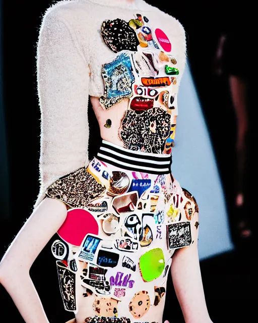 Image similar to olivia wearing an outfit made of stickers, runway model at new york fashion week, normal physique, black hair, freckles, pale skin, half body shot, photo by greg rutkowski, stage lighting, soft colors, intricate detail, elegance, 3 5 mm, depth of field, masterpiece