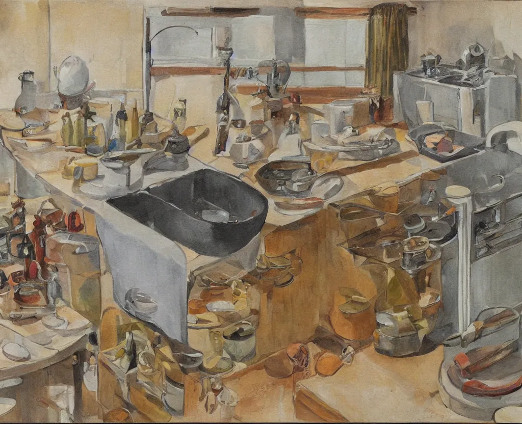 Prompt: artwork of Lucian Frued depicting kitchen sink