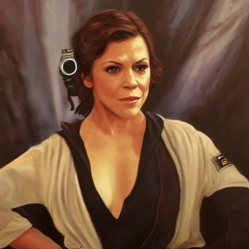 Prompt: An oil painting of Alyssa Milano playing Han Solo. Beautiful painting with dramatic lighting. Art inspired from Star Wars A New Hope.