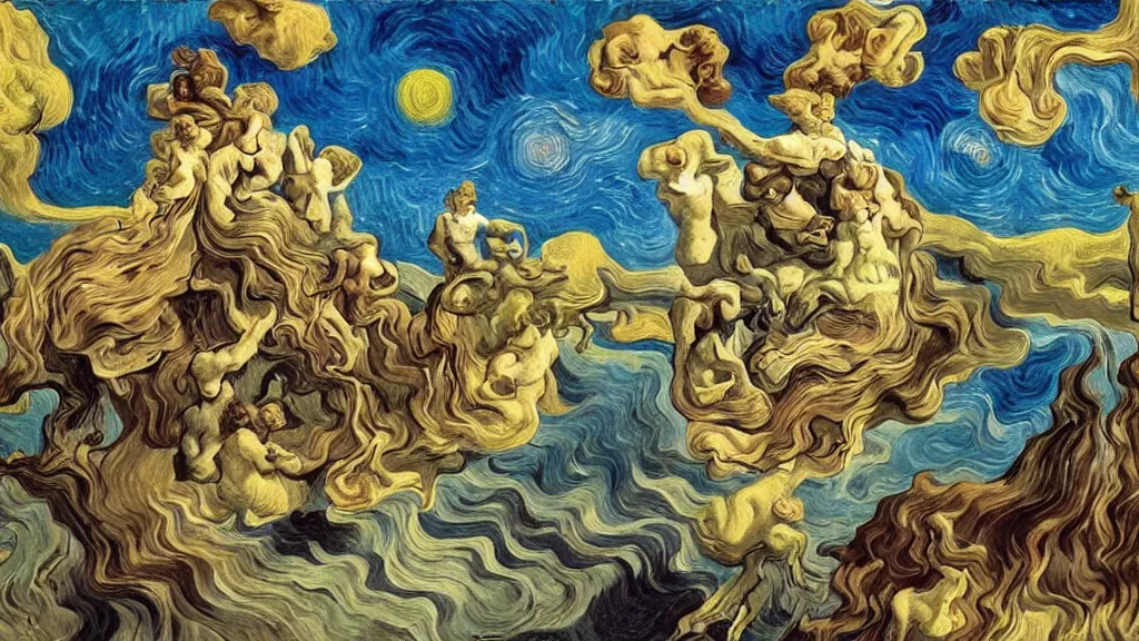 Image similar to psychoautistic scene of a divine moment, 4K, Rococo & Precisionism, colorized, by collaboration of Salvador Dali, Van Gogh and M. C. Escher