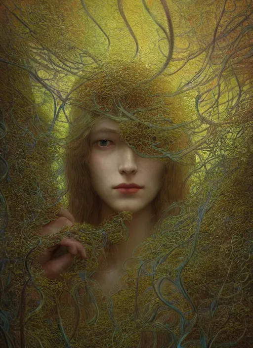 Prompt: a beautiful woman portrait mutating in to flower, covered with thin tendrils and moss, by jean delville, by edmund dulac, by jean giraud, by ellen jewett, landscape photography composition, vivid colors, octane render, redshift render