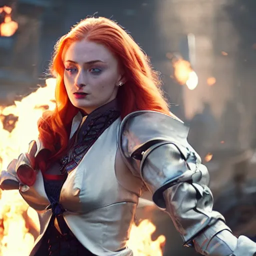 Prompt: an action shot of Sophie turner as Miss Fortune in League of Legends the movie, centered, 4K, cinema, imax, hyperreal
