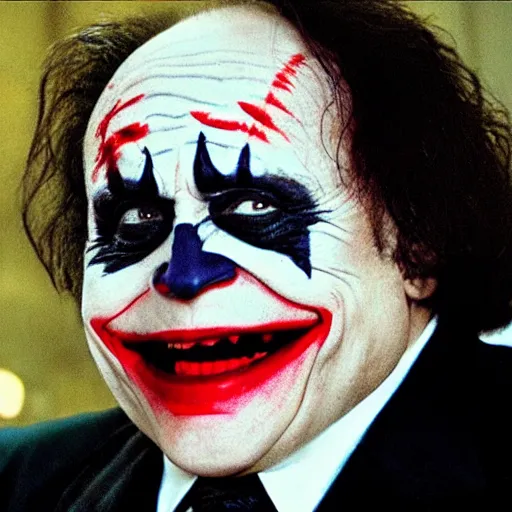 Prompt: Danny Devito as The Joker, still image from Batman movie, shot of face