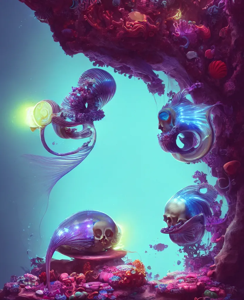 Image similar to trapped in my conscious, nautilus, orchid, skull, betta fish, bioluminiscent creatures, intricate artwork by beeple. octane render, trending on artstation, greg rutkowski very coherent symmetrical artwork. cinematic, hyper realism, high detail, octane render, 8 k