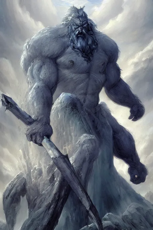 Image similar to north mythology concept art painting of ice gigant ymir the ancestor of all giants by james gurney, trending on artstation, detailed