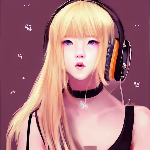 Image similar to realistic beautiful gorgeous natural cute Blackpink Lalisa Manoban blonde hair cute fur blonde cat ears, wearing camisole, wearing headphones, wearing black leather choker artwork drawn full HD 4K highest quality in artstyle by professional artists WLOP, Taejune Kim, Guweiz on Artstation Pixiv