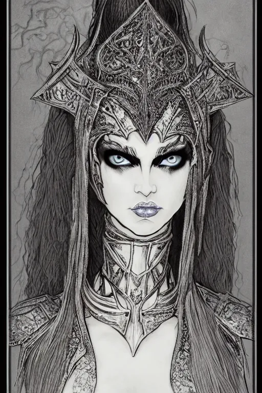 Prompt: head and shoulders portrait of an eldritch knight, drow, dark elf, shadar kai, female, breastplate, magical, high fantasy, d & d, by beardsley, face details, extremely detailed, vogue fashion photo