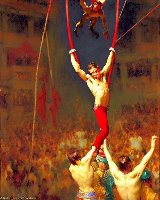 Prompt: attractive male acrobat performing trips from the highwire in the center ring of a three ring circus, the crowd looks on in excitement, spotlight on the acrobat, bright colors, painting by gaston bussiere, craig mullins, j. c. leyendecker
