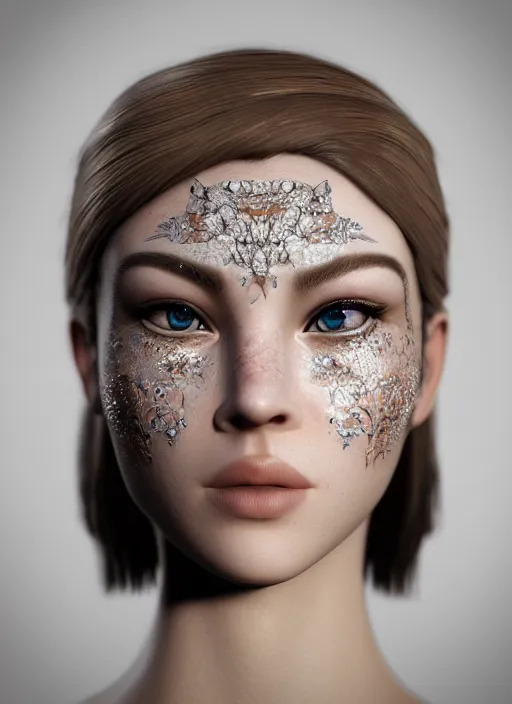 Prompt: beauteous sumptuous face with incredibly accurate lifelike eyes with catchlights, cinematic forest lighting, with incredible voluminous flowing photorealistic hair, delicate crystalline tattoo masterpiece, hyperdetailed face, elegant pose, movie still, intricate, octane render, unreal engine,