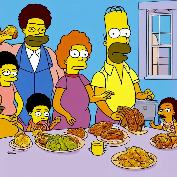 Image similar to African American family in 1979 with two daughters and a son eating chicken, mash potatoes, and rolls for dinner. Cartoon version Simpsons style