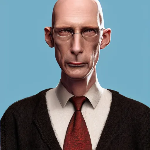 Image similar to A middle-aged Dr. Venture in real life with a hooked nose, a long gaunt face and skinny body and neck, very thin and bald, realistic, very realistic, hyperrealistic, highly detailed, very detailed, extremely detailed, detailed, digital art, oil painting, trending on artstation, headshot and bodyshot, detailed face, very detailed face, extremely detailed face, HD Quality, 8k resolution, very very detailed face, real life