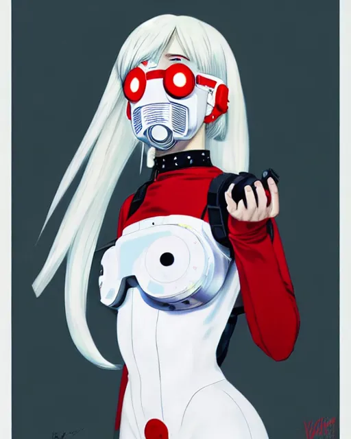 Image similar to white haired cyborg girl wearing a gas mask and red dress | | audrey plaza, fine detail!! anime!! realistic shaded lighting!! poster by ilya kuvshinov katsuhiro otomo ghost - in - the - shell, magali villeneuve, artgerm, jeremy lipkin and michael garmash and rob rey