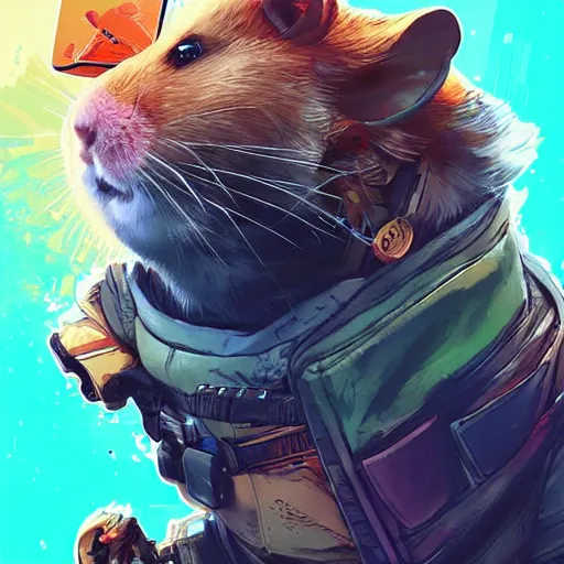 Prompt: crypto hamster as apex legends character, digital illustration portrait design, by android jones and greg rutkowski, retrowave color scheme, detailed, cinematic lighting, wide angle action dynamic portrait