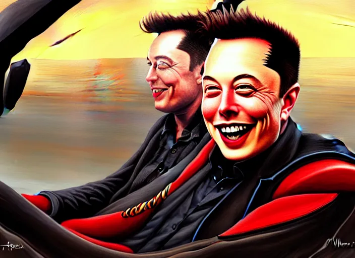 Image similar to highly detailed painting of a grinning Elon Musk as a pirate captain, proudly posing behind the wheel of his Tesla Roadster, artstation, cinematic lighting, hyperdetailed, cgsociety, 8k, high resolution, insanely detailed and intricate, concept art, smooth, sharp focus, illustration, art by John Philip Falter, Art Nouveau, masterpiece