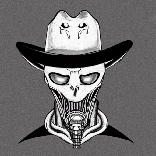 Prompt: a pencil sketch of a xenomorph alien wearing a cowboy hat, white background, fine detail, black and white