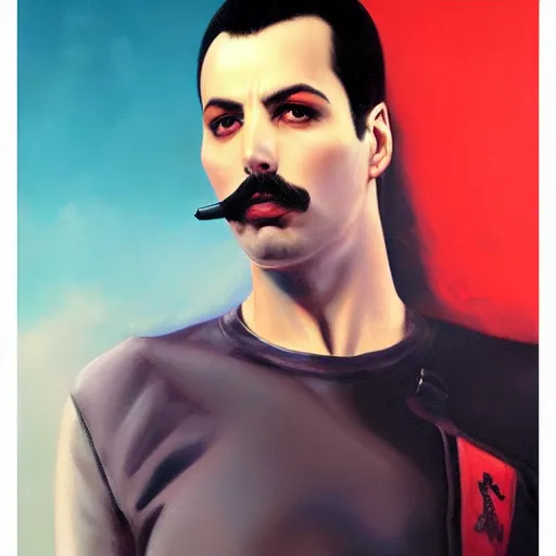 Image similar to of an ultradetailed beautiful portrait panting of freddie mercury, front view, oil painting, by ilya kuvshinov, greg rutkowski and makoto shinkai