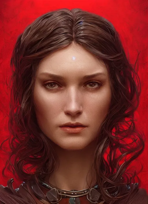 Image similar to vertical portrait of a ruggedly handsome female cleric, soft hair, close - up face, leather, witchy, d & d, fantasy, intricate, elegant, highly detailed, digital painting, artstation, concept art, smooth, sharp focus, illustration, art by artgerm and greg rutkowski and alphonse mucha, plain red background