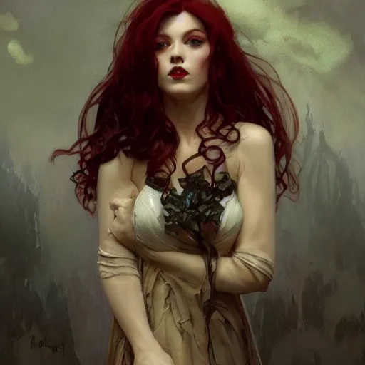 Image similar to portrait of a menacing beautiful vampire, face only, by Stanley Artgerm Lau , greg rutkowski, thomas kindkade, alphonse mucha, loish, norman rockwell, J. C. Leyendecker. red hair, pale skin, sinister complexion. D&D, fantasy. Trending on artstation rule of thirds extremely detailed illustration hd 4k