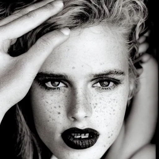 Image similar to a beautiful professional photograph by herb ritts and ellen von unwerth for vogue magazine of a beautiful lightly freckled and unusually attractive female fashion model looking at the camera in a flirtatious way, zeiss 5 0 mm f 1. 8 lens