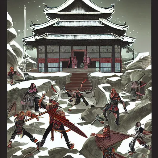 Image similar to a dward ninja heroes facing an ancient temple, illustrated by trent kaniuga