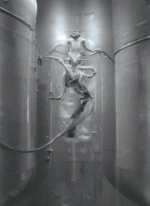 Image similar to a weird humanoid creature is suspended in a tank of dense liquid, weightlessness, tubes coming from the top of the tank connecting to the creature's body, back lit, green glow, 35 mm film photography