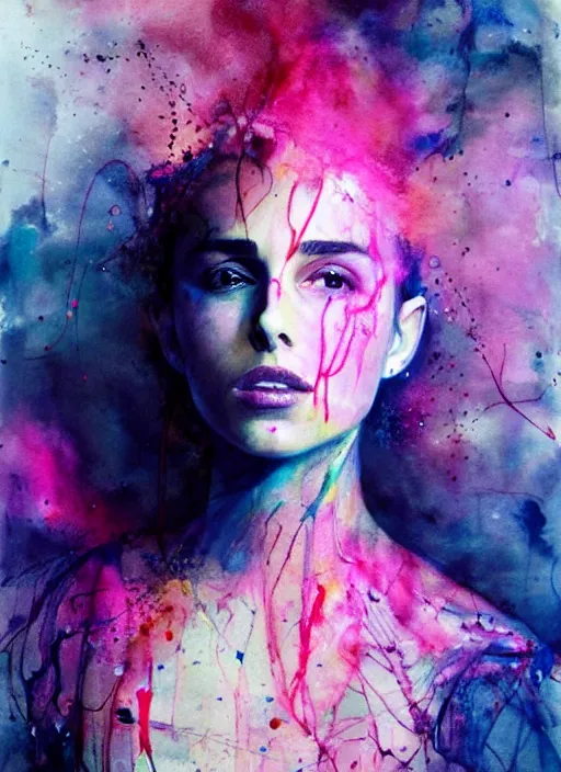 Prompt: nathalie portman by agnes cecile, luminous design, pastel colours, ink drips, autumn lights