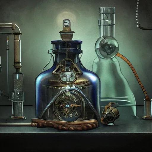 Prompt: a steampunk painting of a dark blue steaming potion bottle in a dark dusty vintage science lab, by h. r. giger, hyperrealistic fantasy art, concept matte, ethereal, dreamy, digital art, trending on artstation, volumetric cinematic lighting